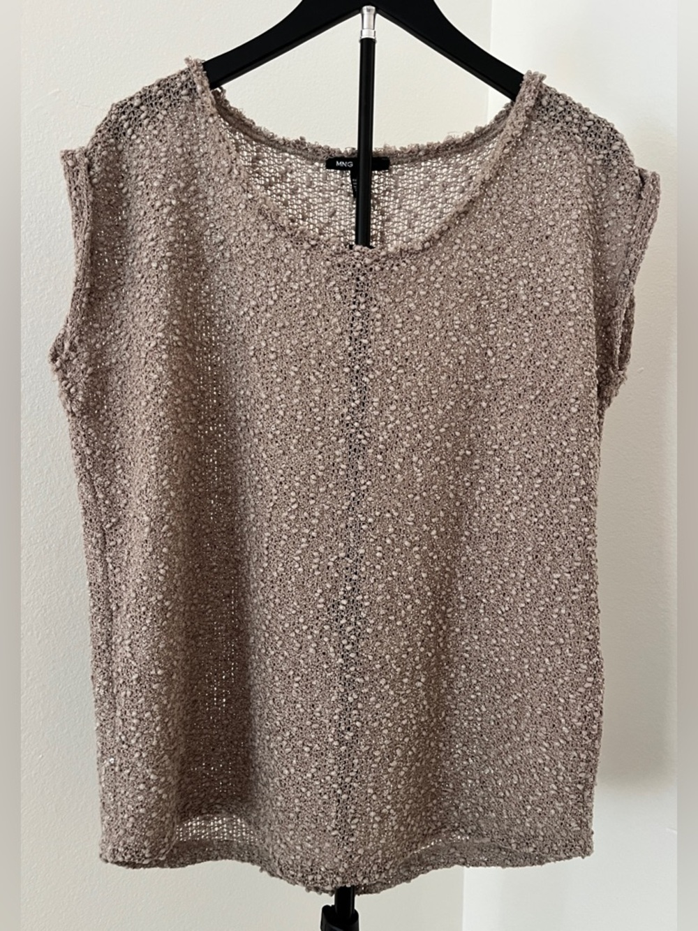 ☀️ Mango Neutral Boho Coastal Top | Taupe Open-Weave Sleeveless Knit